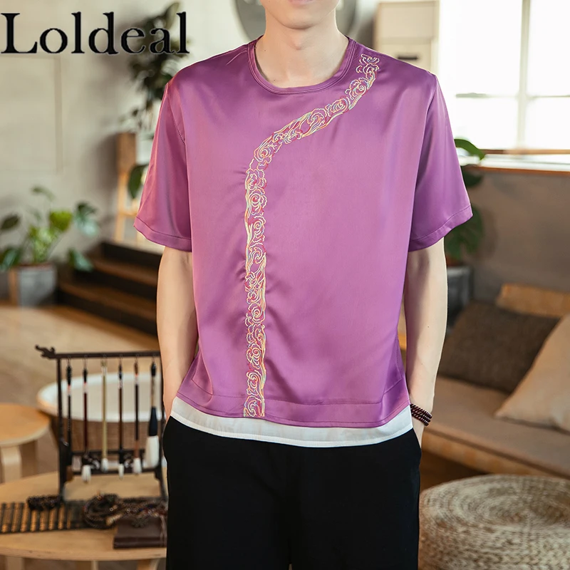 

Loldeal Ethnic Style Short-sleeved T-shirt Men Casual Polyester Fiber Embroidered Crew Neck
