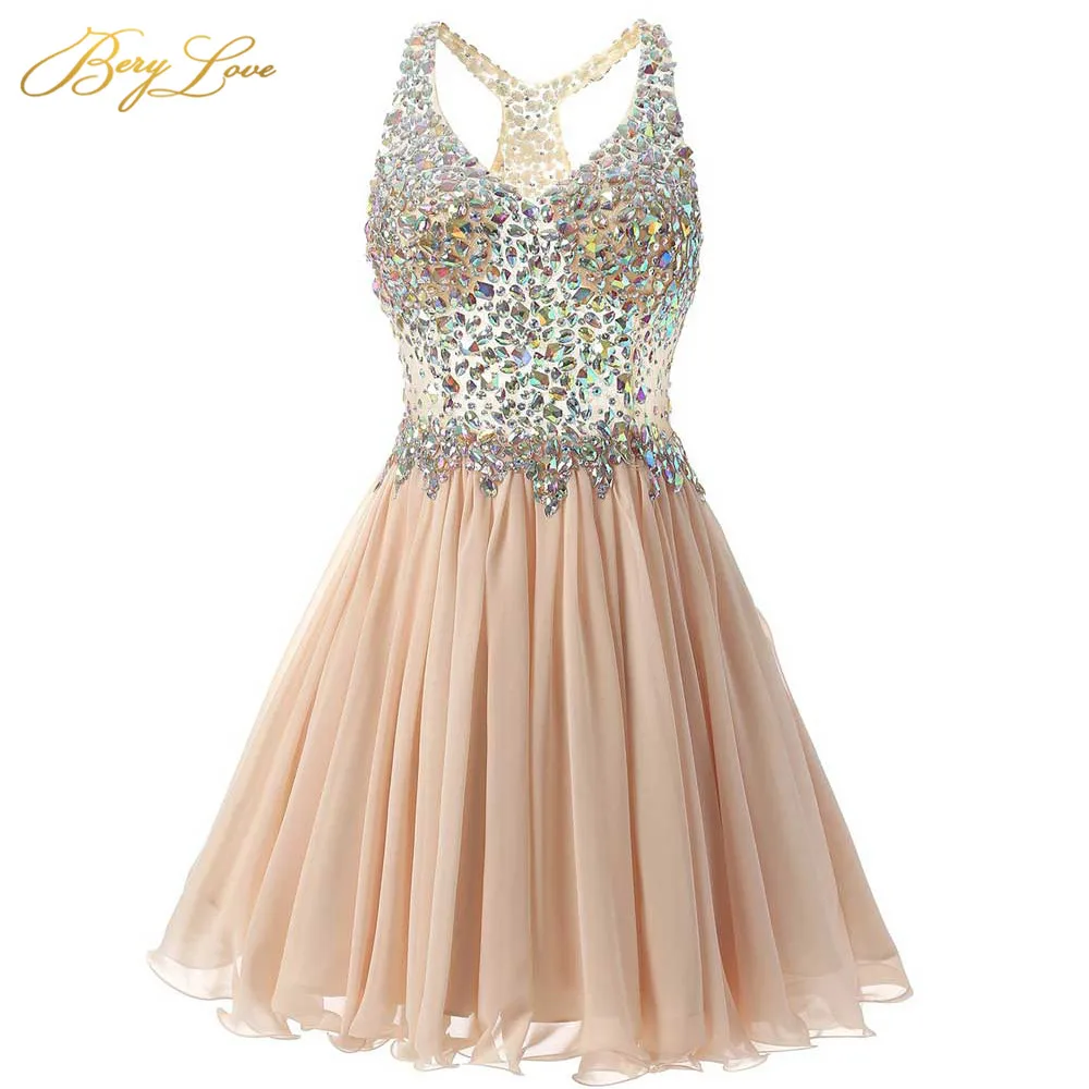 

BeryLove Short Champagne Homecoming Dress 2020 Mini Crystal Illusion Bodice V Straps Short Gown Girl Party Prom Graduation Dress