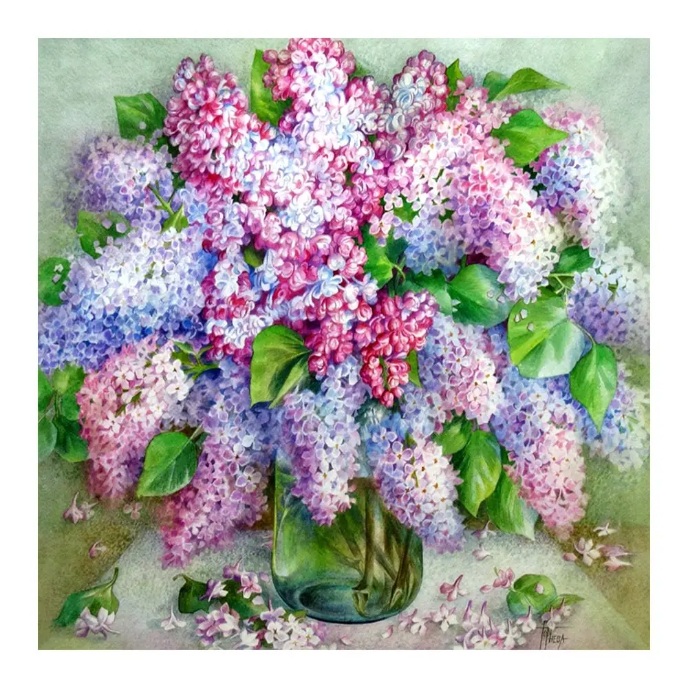 Ваза с фиолетовыми и розовыми цветами лаванды алмазная живопись круглая