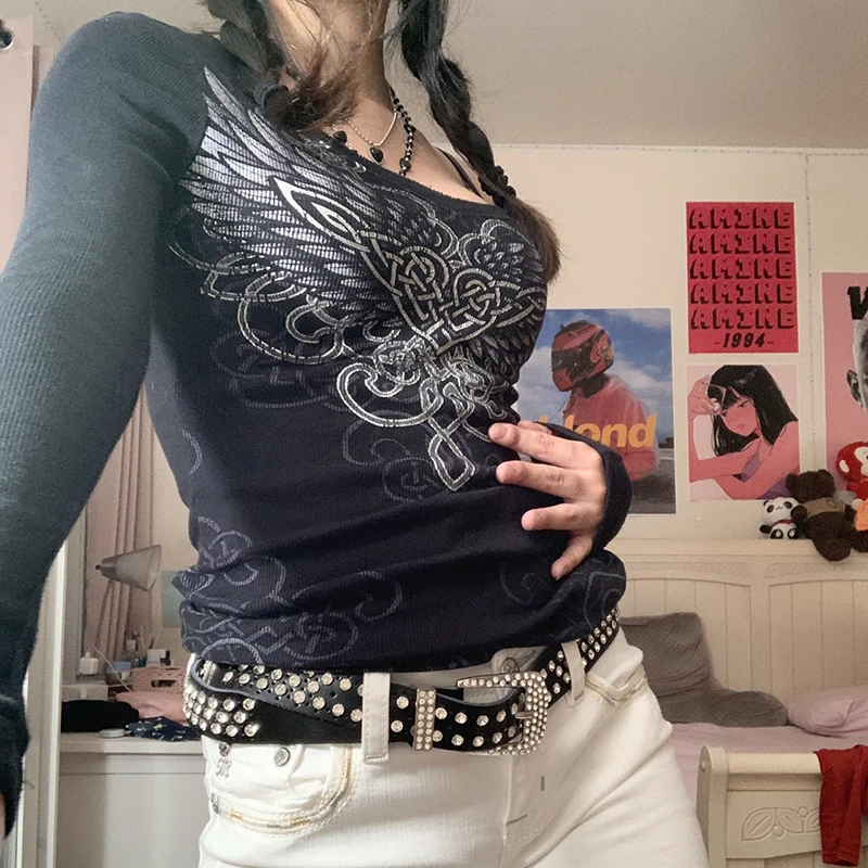 

Streetwear Printed Autumn Long Sleeve T shirt Dark Academia Top Tee Women's T-shirts Gothic Clothes Pullovers Grunge