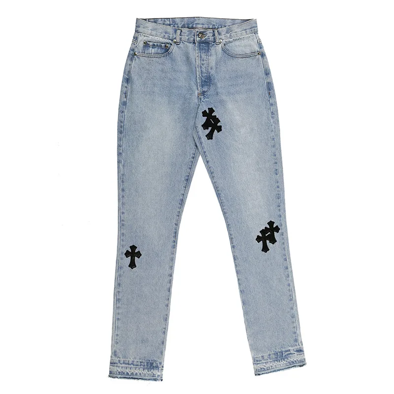 

New Genuine Leather Cross Jeans For Men 2021 High Street Blue Jeans Homme Loose Straight Hearts Pants Moto Trouse