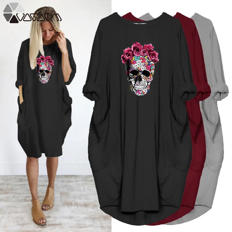 

Women Midi Dress Plus Size Rose Skull Print Autumn Long Sleeve Halloween Pocket Casual Party Streetwear Vestidos Robes Femme