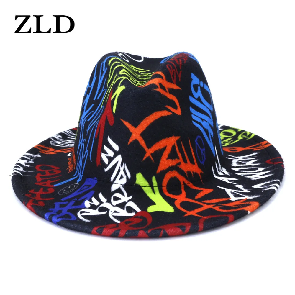 

ZLD Doodle big brim hat cloth jazz hat outdoor fashion flat British style top caps flat brim soft wide Decorate mens hat
