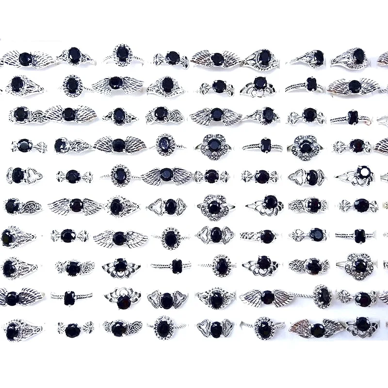 

Wholesale 100PCs/Box Women's Finger Rings Black Glass Crystal Ancient Silver Plated Retro Style Ladies Jewelry with Display Box