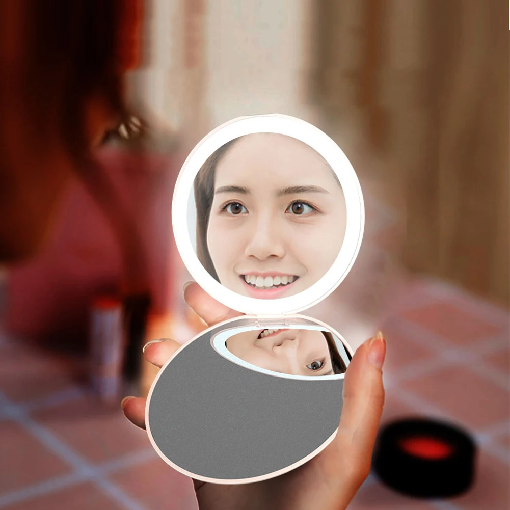 

Mini LED Light Foldable Makeup Mirror Portable USB Chargeable 2X Magnify Mirror Pocket Travel Cosmetic Beauty Tool