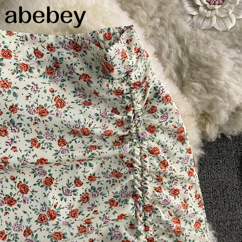 

Women Boho Floral Skirt Design Drawstring High Waist Slim Chiffon Skirts Summer Irregular Split Vacation Beach Skirts