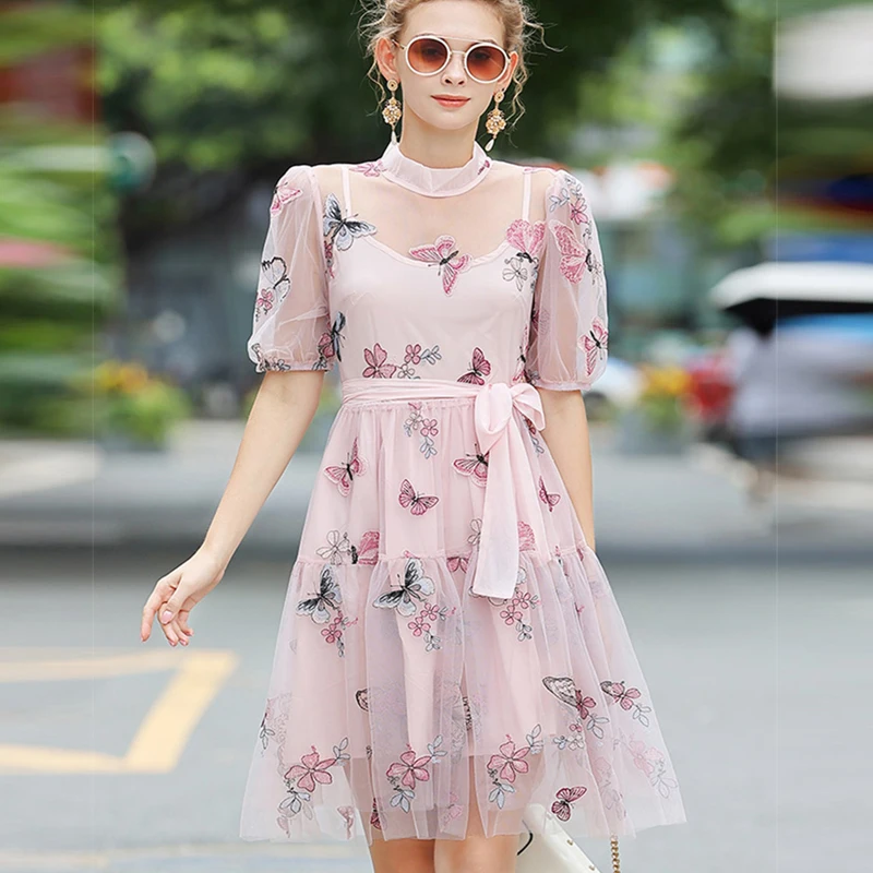 

Designer Summer Dress 2021 Fashion Embroidery Butterfly Pink Elegant Belt Mesh Patchwork High Quality Ladies Dresses