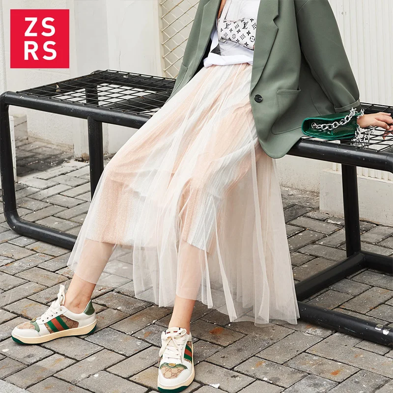 Zsrs 2020 New Spring Autumn Fashion Women's High Waist Pleated Solid Color Half Length Elastic Skirt Promotions Lady Blue Pink | Женская
