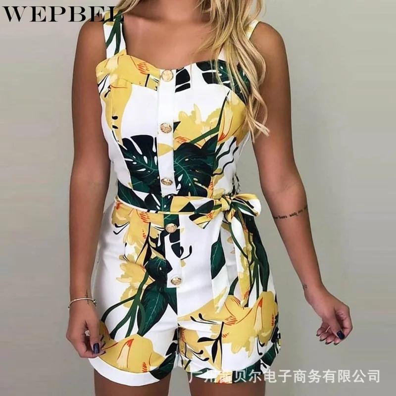 

WEPBEL Playsuits Women's Casual Printing Lace Up High Waist Playsuits Summer Fashion Slim Spaghetti Strap Backless Playsuits
