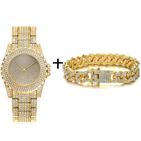 Gold watch Bracelt Ожерелье в стиле хип-хоп+ часы+ браслет, полностью вымощенные стразы, кубинская цепочка в стиле кантри, золото, CZ, побрякушка для Мужчин, Ювелирные изделия - Окраска металла: Gold watch Bracelt