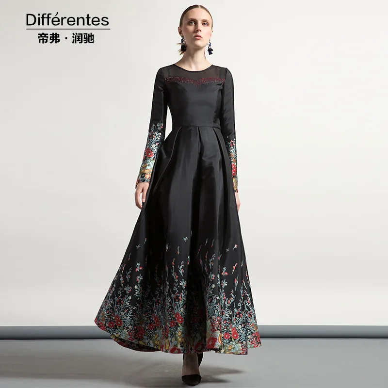 New Fashion Jacquard Maxi Vintage Dress Women Long Sleeve Evening Clothing Full Length Pretty Party Slim Flowers DH1018