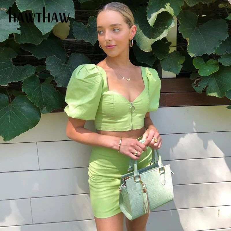 

HAWTHAW women summer short sleeve square collar zipper puff sleeve crop tops mini short mini skirt two piece sets outfit clothes