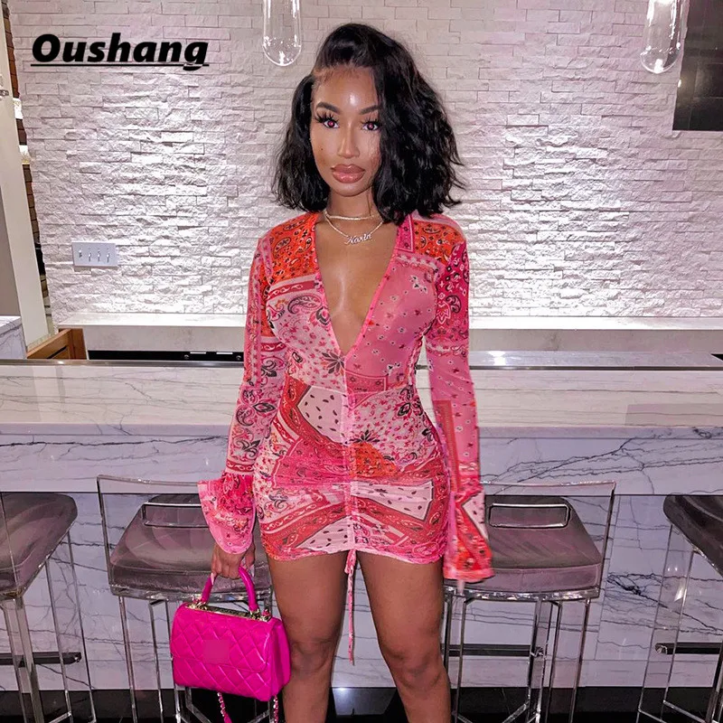 

Mesh Bodyocn Dress Women Pink Bandana Club Outfits Lady Flared Long Sleeve Deep V Neck Draw String Mini Dresses Sexy Streetwear