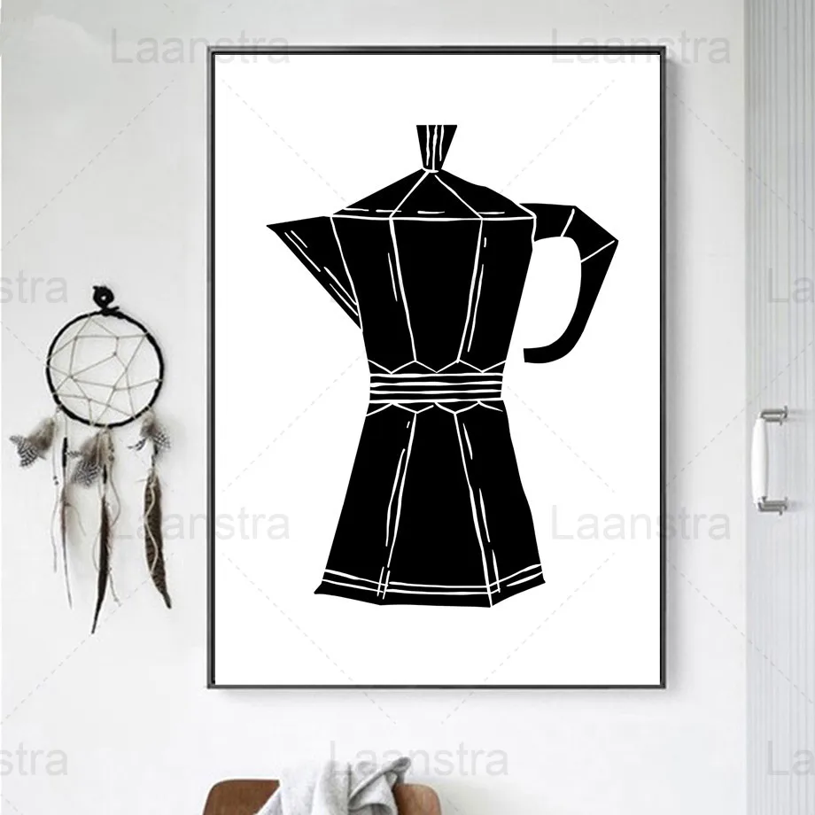 

Kitchenware Black and White Home Decoration Painting Simple Text Kitchen Living Room Wall Canvas Poster Teapot Spoon Fork Print