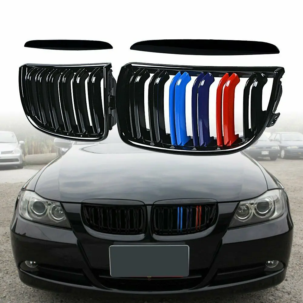 E91 M Color Grille Glossy Black Dual Slat Style Front Kidney Grille Grill Refit Hood Bumper Grills For BMW F30 X5 X6 E90 04-07
