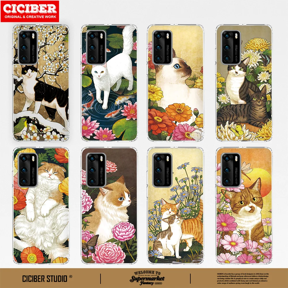 

Art Animal Cat Case for Huawei P40 P30 P20 Pro Lite Mate 40 30 20 Lite Pro Honor View40 View30 View20 20 30 P Smart 2020 Cover