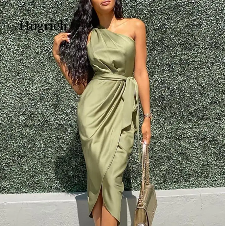

One Shoulder Ruched Design Party Dress Bodycon Dress Slant Shoulder Dress Women's Irregular Bandage Dress Belt
