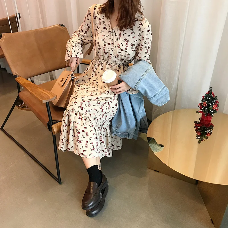 Весенне-летнее корейское платье женское Цветочное с длинным рукавом размера