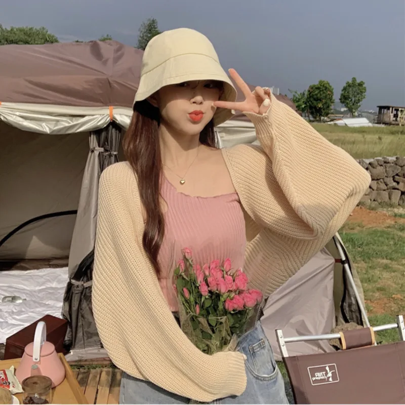 

Fall Winter Cardigans Crop Top Women Lantern Sleeve Casual Loose Knit Cardigan Sweaters Coat Lazy Wind Korean Clothes Pull Femme