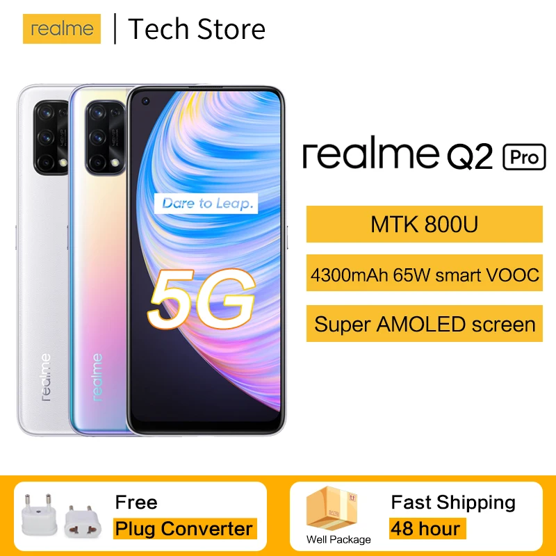 Realme Q2 Pro 5G Celular 65 Вт VOOC SuperAMOLED Экран 8 ГБ 128 MTKDimensity 800U 48MP ультра-прозрачная четыре камеры мобильного телефона Android