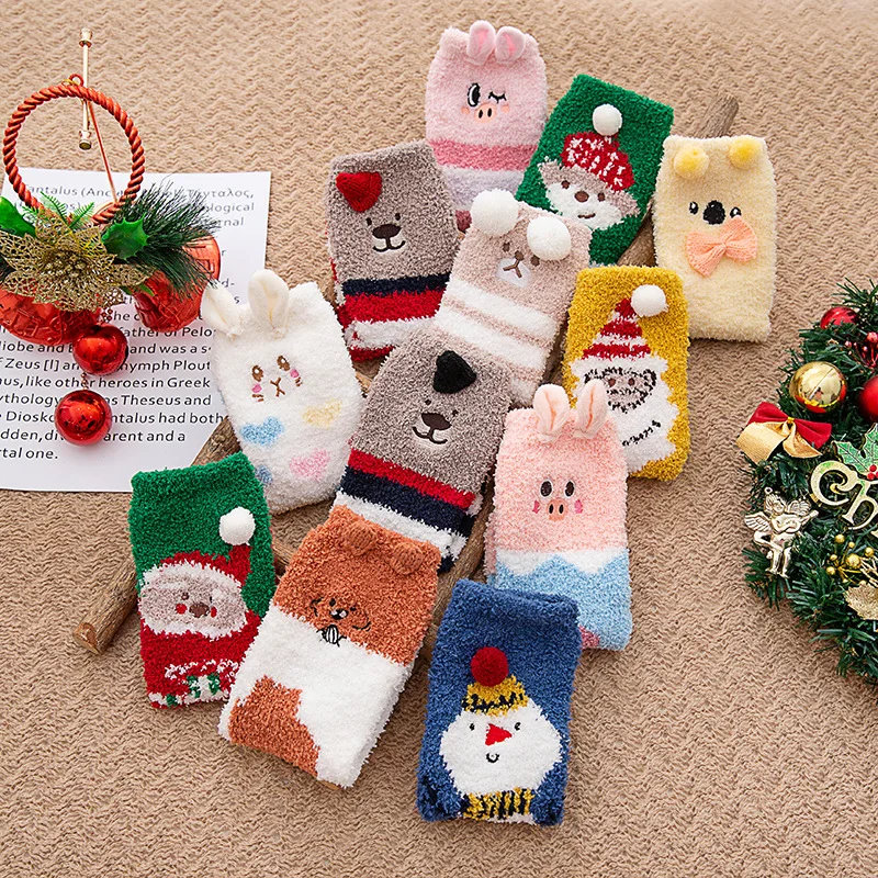

Breathable Warmer Happy Sox Lovely Cartoon Christmas Terry Socks Autumn Winter Antiskid Women Socks Soft Coral Fleece
