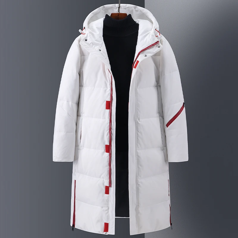 

Windproof men's long down jacket winter warm casual high-quality coat solid color hooded thick white duck down parker autumn
