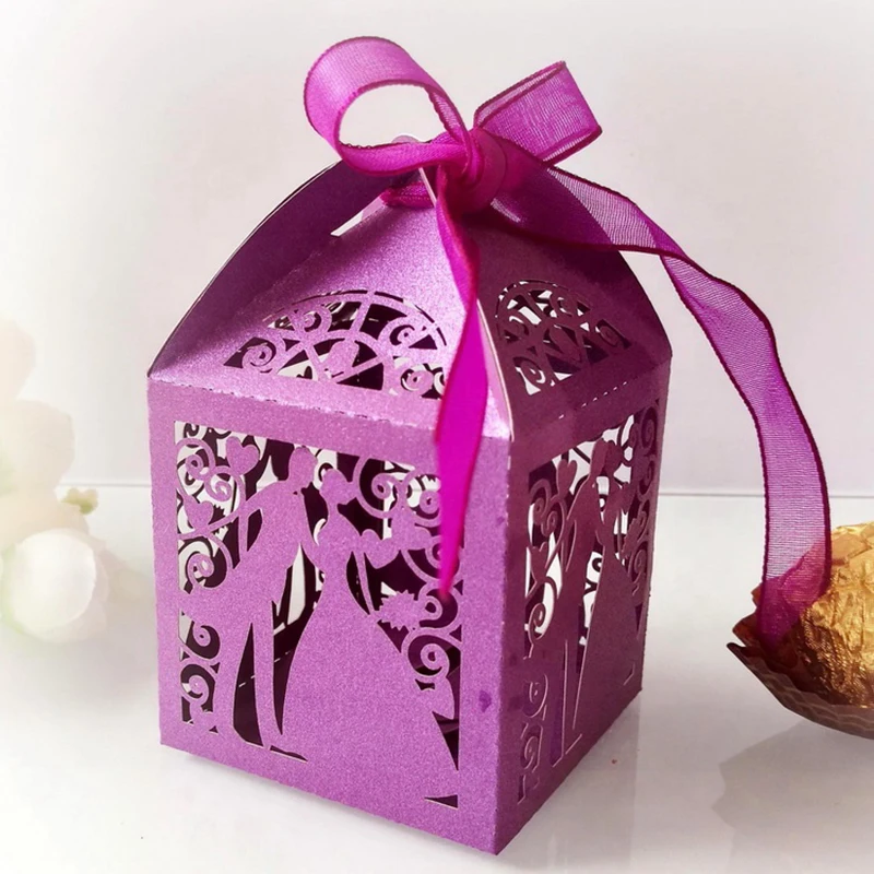 

100Pcs Bride and Groom Wedding Candy Boxes With Ribbons Guests Gift Packaging Chocolates Box Wedding Party Decorations Supplies