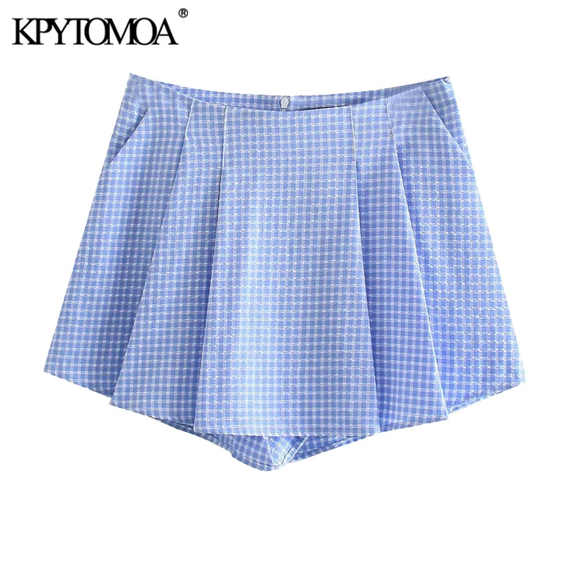 

KPYTOMOA Women 2021 Chic Fashion With Lining Pleated Check Shorts Skirts Vintage High Waist Back Zipper Female Skort Mujer