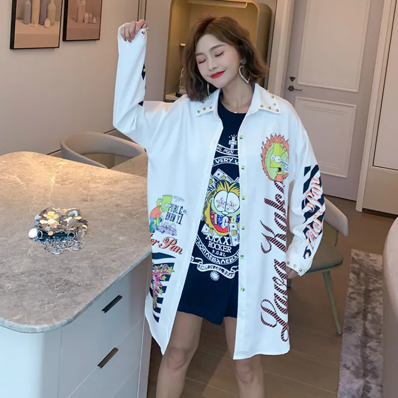 

BONJEAN Rivet Decoration Long Shirts for Women 2020 Printed Tops and Blouses Chemise Femme Long Sleeve White Shirts BJ2994