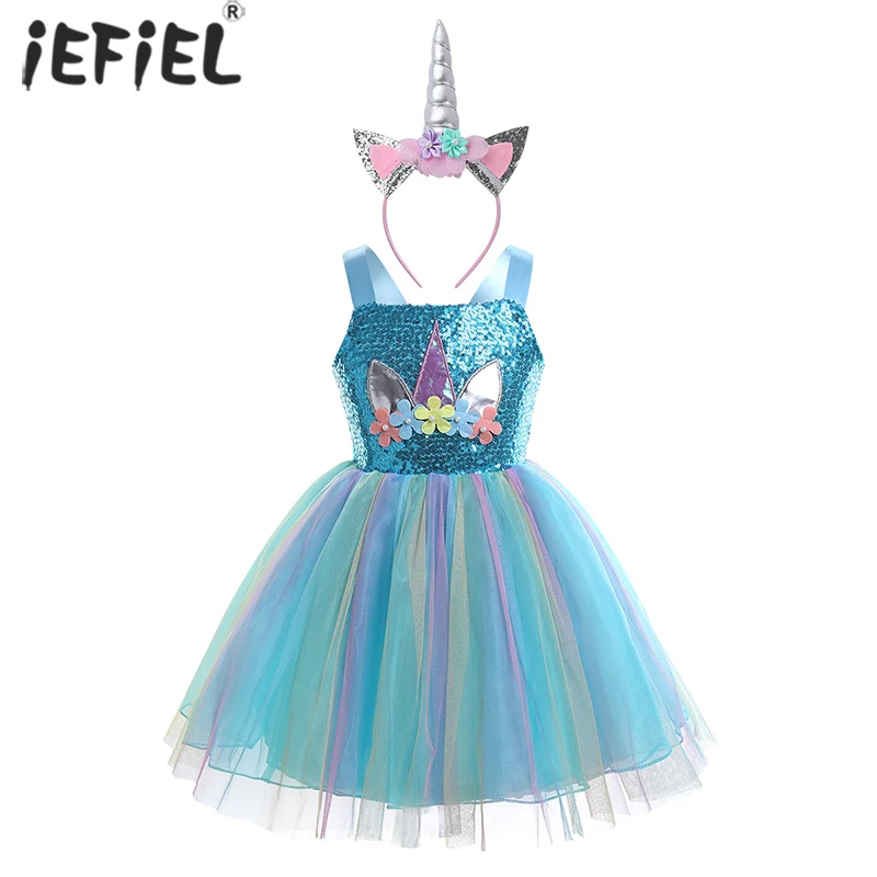 

Kids Girls Rainbow Sequin Costumes Princess Dress Halloween Carnival Cosplay Party Dress Up Flower Girls Dresses for Weddings