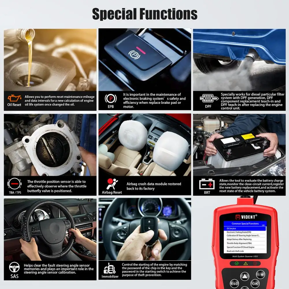 Видент V301 OBD2 сканер штрих кода с SAS EPB DPF масла Батарея сброс специальное Функция