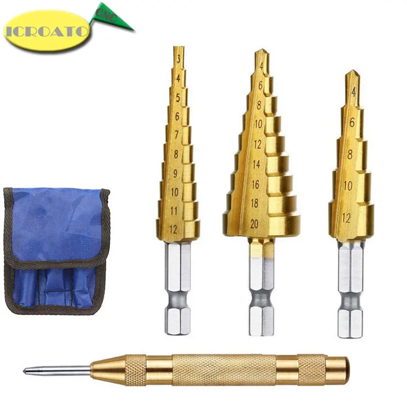 

3-12mm 4-12mm 4-20mm HSS Straight Groove Step Drill Bit Titanium Coated Wood Metal Hole Cutter Core with Punch Dot Drill Bit