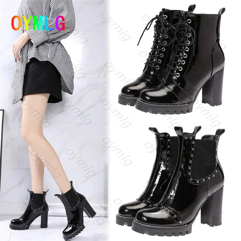 

2021autumn and winter high heels female British round toe thick with lace-up Martin boots patent leather short boots women shoes