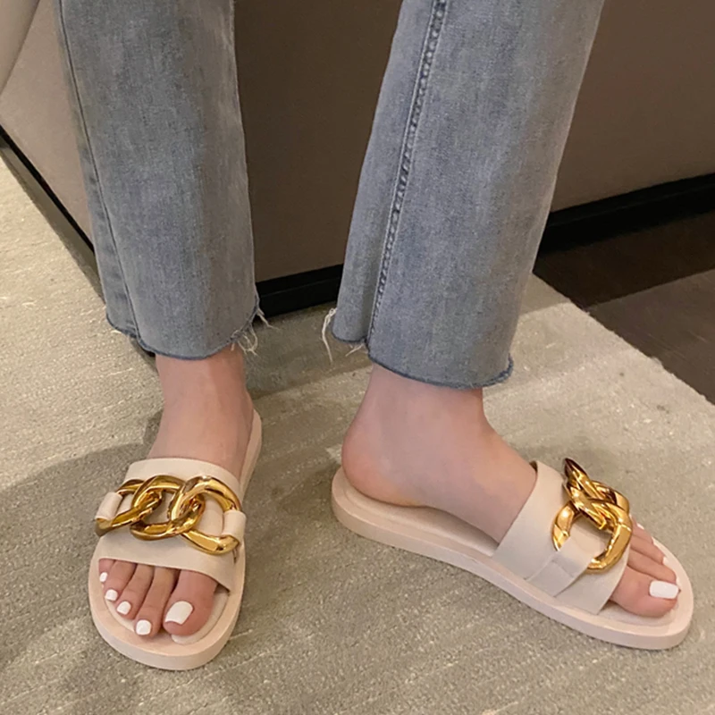 

Fashion Flip Flops Shoes 2021 Women Summer Metal Slippers Ladies Sandals Slippers Shoes Female For Ladies Outdoor Sandals Slides