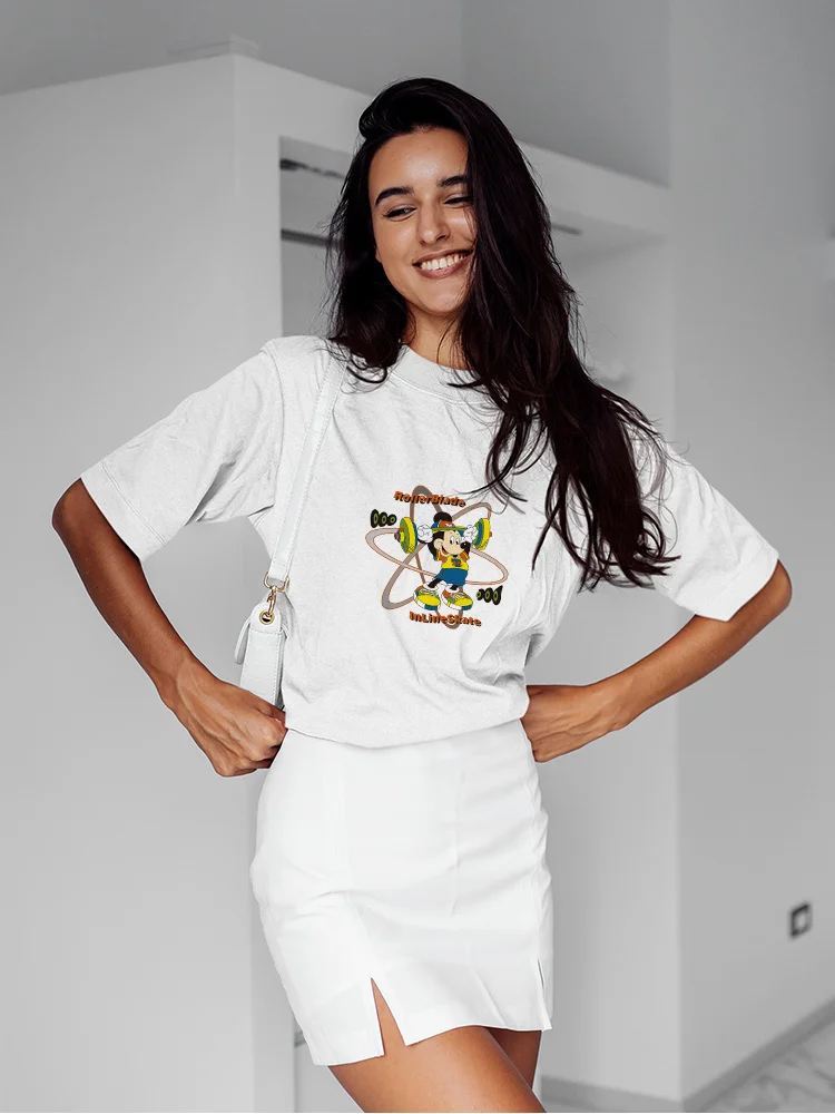 

Disney Mickey Mouse Exercise Good Health Family Look Funny T Shirts Unisex Clothes Short Sleeve Trend White Top Fashion European