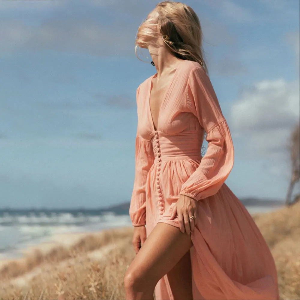 

Causal Button Up Long Summer Dress 2021 New Long Sleeve Vintage Deep V Neck Long Dress Robe Dropshipping White Beach Boho Dress