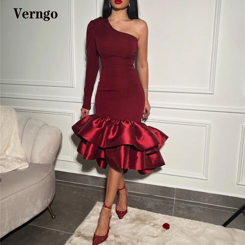 

Verngo Isreal Women Formal Party Dress Dark Burgundy Stretch Satin One Long Sleeve Tiered Skirt Knee Length Mermaid Prom Gown