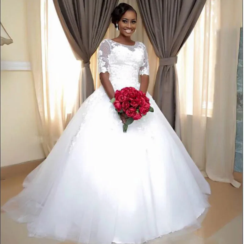 

New Arrival Scoop Appliques Vintage Ball Gown Lace Half Sleeve African 2020 Wedding Dresses Bridal Dress Wedding Gowns
