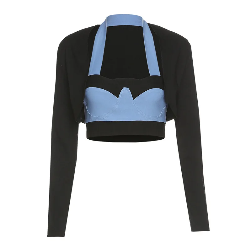 

Fashion Sexy Low Chest Halter Neck Matching Bottom Tank + Temperament Long Sleeve Sexy T Shirt Suit