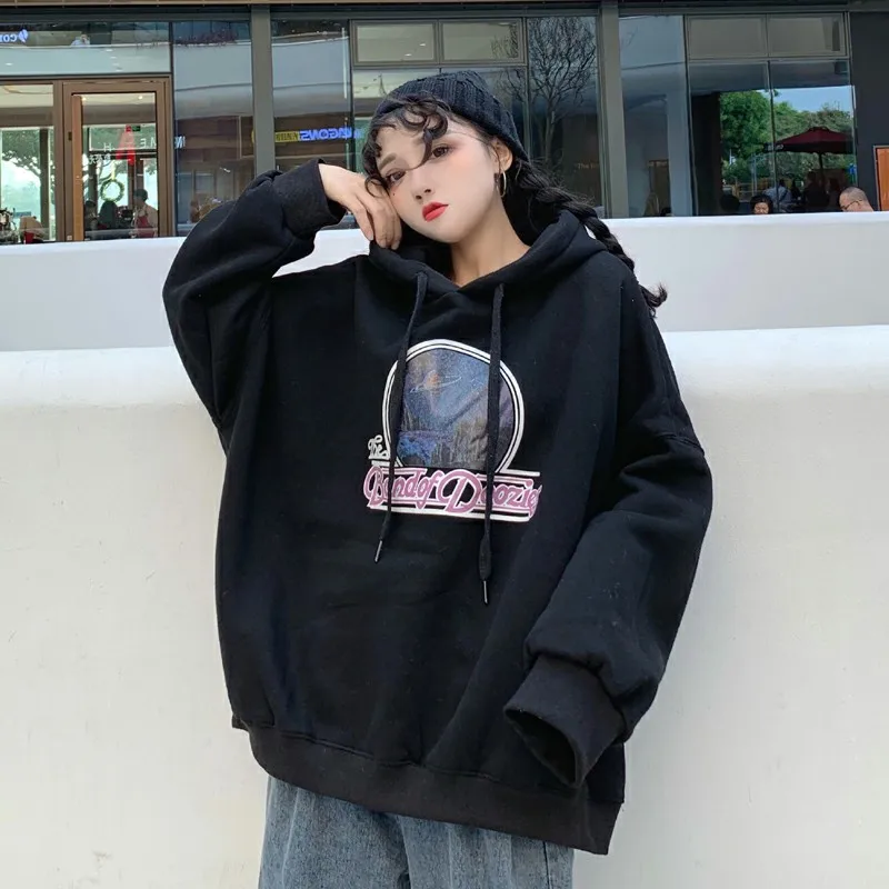 Толстовки женские пуловеры плюс бархат теплые Свободные Корейская версия BF