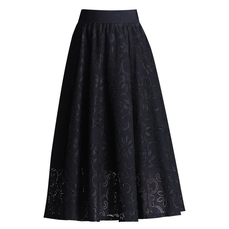 

High Waist Big Swing Black/white Lace Pleated Skirt Summer Women Fashion Korean Elegant Loose Casual Mid-long Skirts Lady 3098