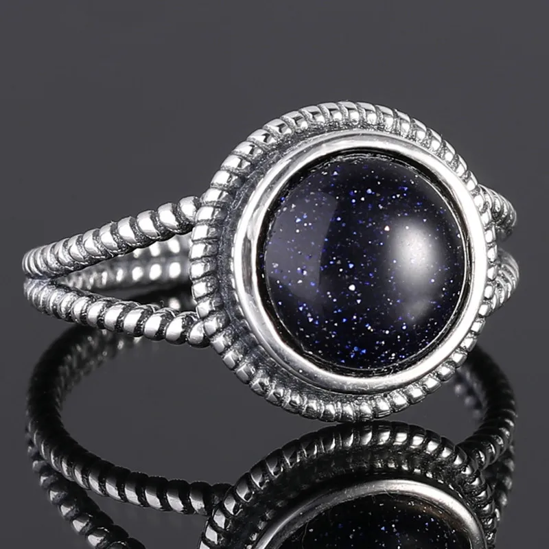 Кольца из стерлингового серебра S925 10 мм круглое синее кольцо песчаника Женское