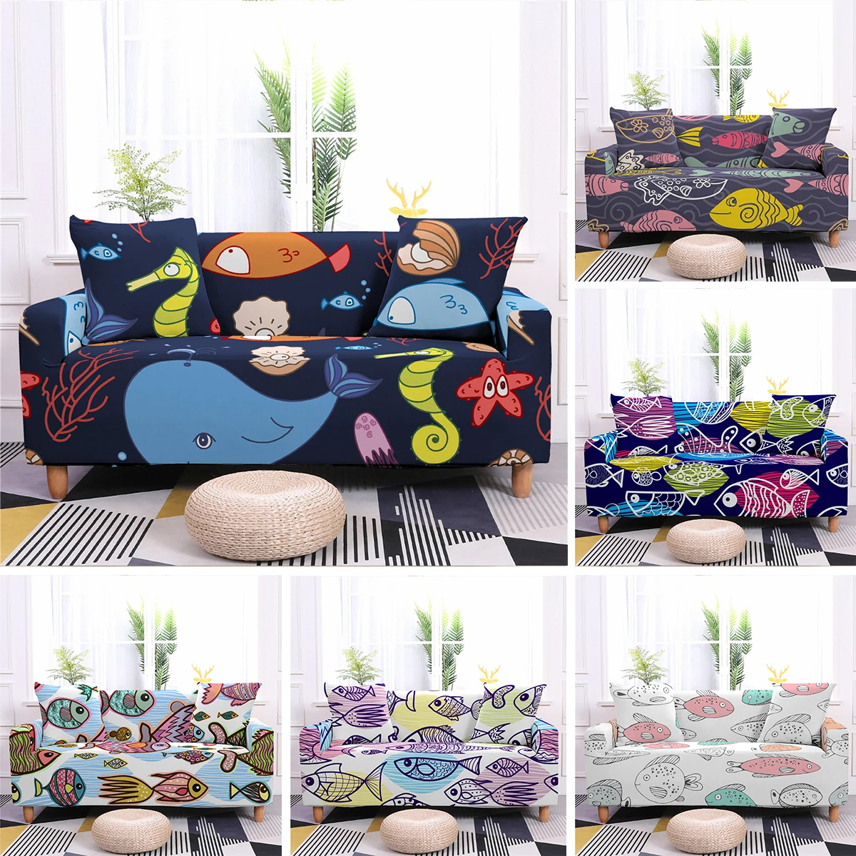 

Sea Animal Fish Pattern Sectional Corner Sofa Covers for Living Room Bean Bag L Sofas Cushion Armchair Anti-Scratch Couch Covers