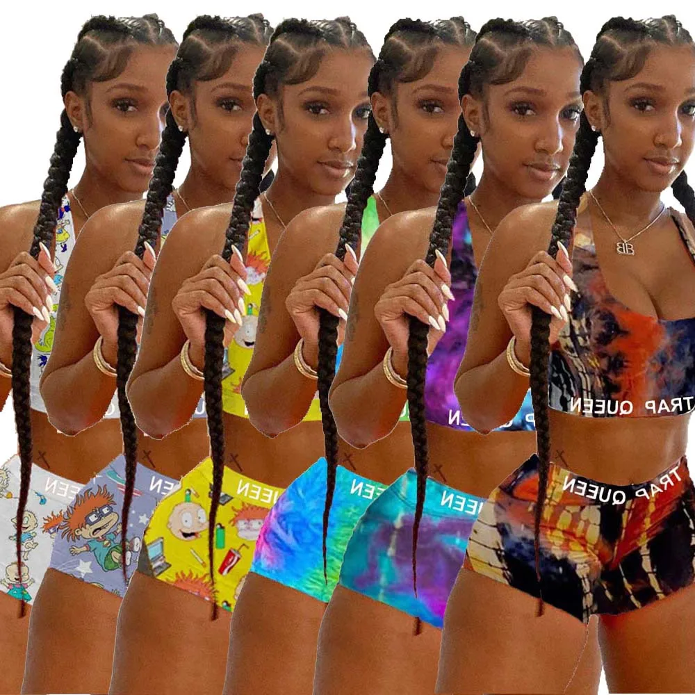 

Women's Fashion Casual V-neck Sleeveless Two-piece Tie-dye printed letter Fashion Tight-fitting Two-piece Wholesale Dropshpping
