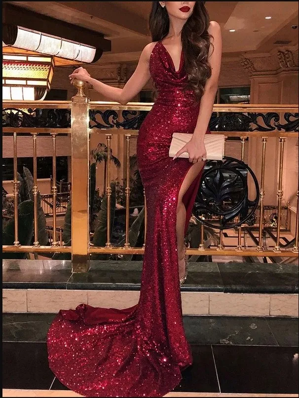 Женское вечернее платье на бретельках сексуальное длинное с разрезом сбоку и