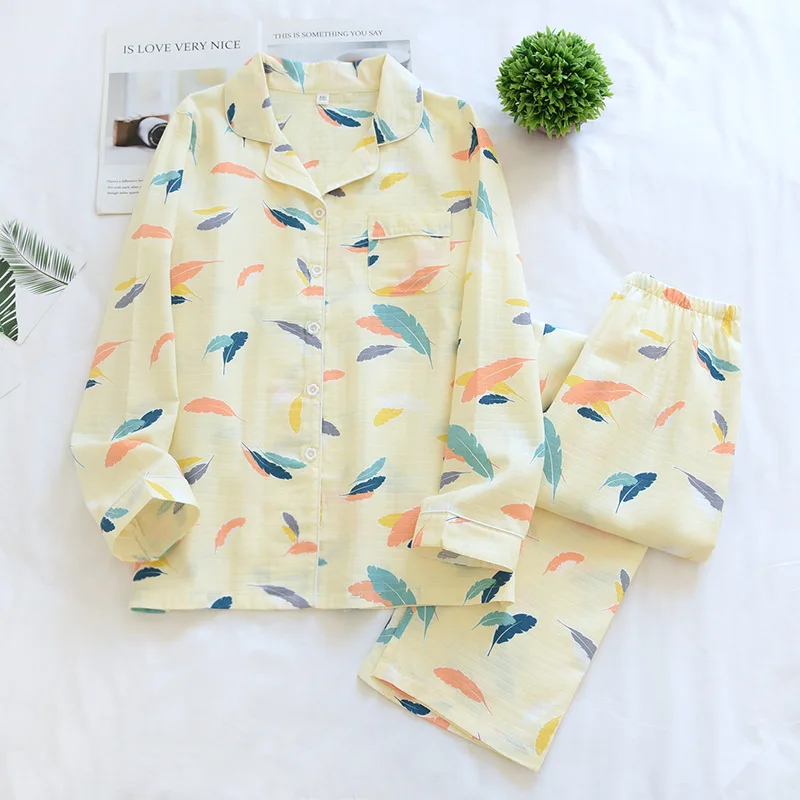 Japanese Spring and Summer Women's Pajamas Pure Cotton Soft Feather Long Sleeve Pajamas Set Comfortable  Women's Home Wear