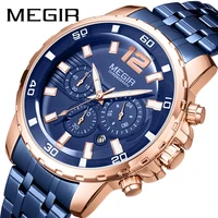 megir fashion luxury mens quartz watch stainless steel blue strap chronograph business men watches calendar waterproof 2068