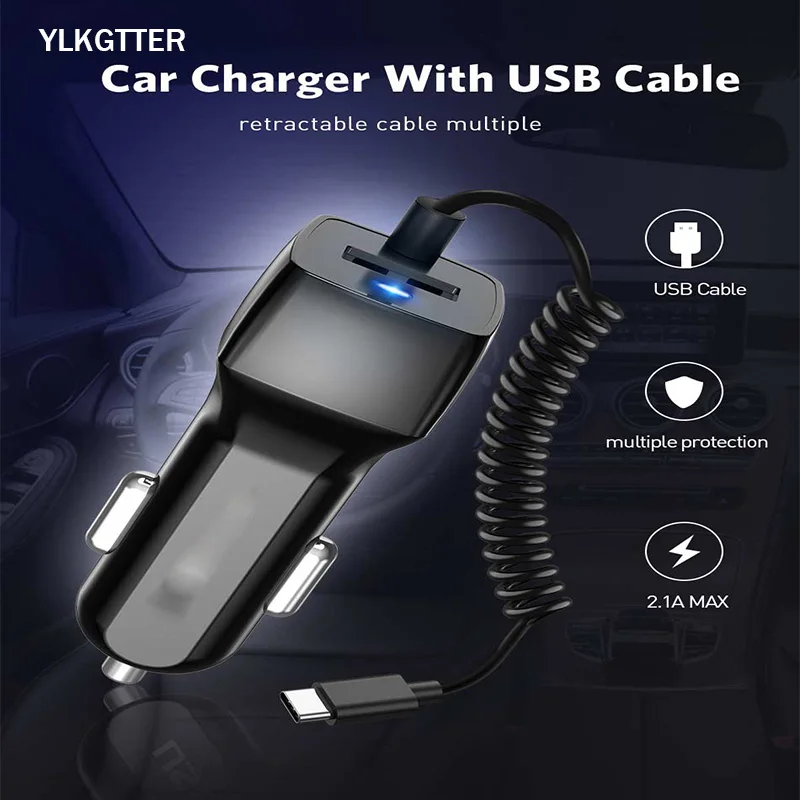 YLKGTTER USB Output 2.4A Smart Car Charger for Iphone X/11 XIAO MI Note 10 Huawei High Current Mini CarCharger with Spring Line |