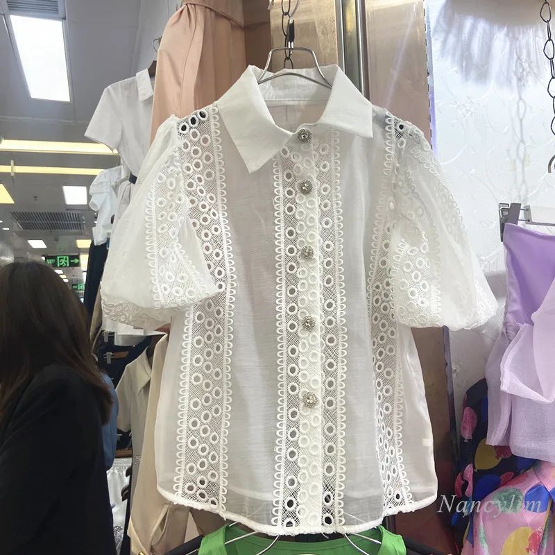 

Lace Organza Blouses Woman 2021 Summer New Heavy Industry Drill Buckle Hollow Out Solid Color Shirt Elegant Lady Slimming Tops