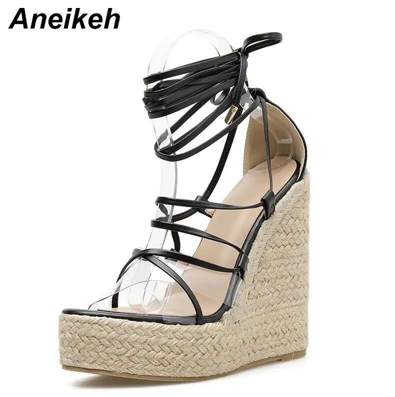 Black Aneikeh/сандалии из ПВХ для отдыха женские прозрачные сандалии повседневные однотонные вечерние туфли на высокой танкетке со шнуровкой и тонким ремешком; Цвет черный, золотой; Размеры 35-42 - Цвет: Black